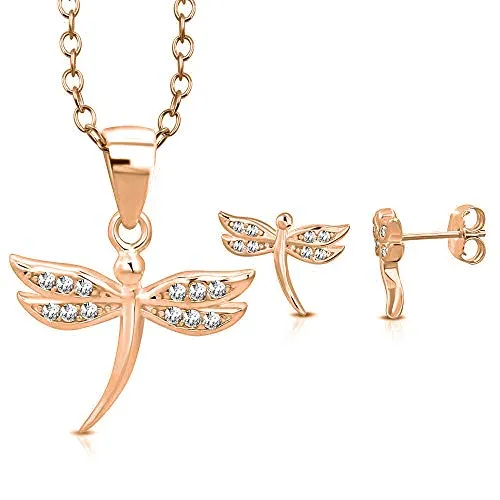 925 Sterling Silver Yellow Gold-Tone CZ Small Dragonfly Insect Pendant Stud Earrings Jewelry Set