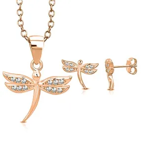 925 Sterling Silver Yellow Gold-Tone CZ Small Dragonfly Insect Pendant Stud Earrings Jewelry Set