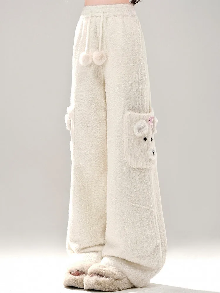 Milk White Cute Bear Pockets Fleece Lined Wide-leg Cut Soft Pants