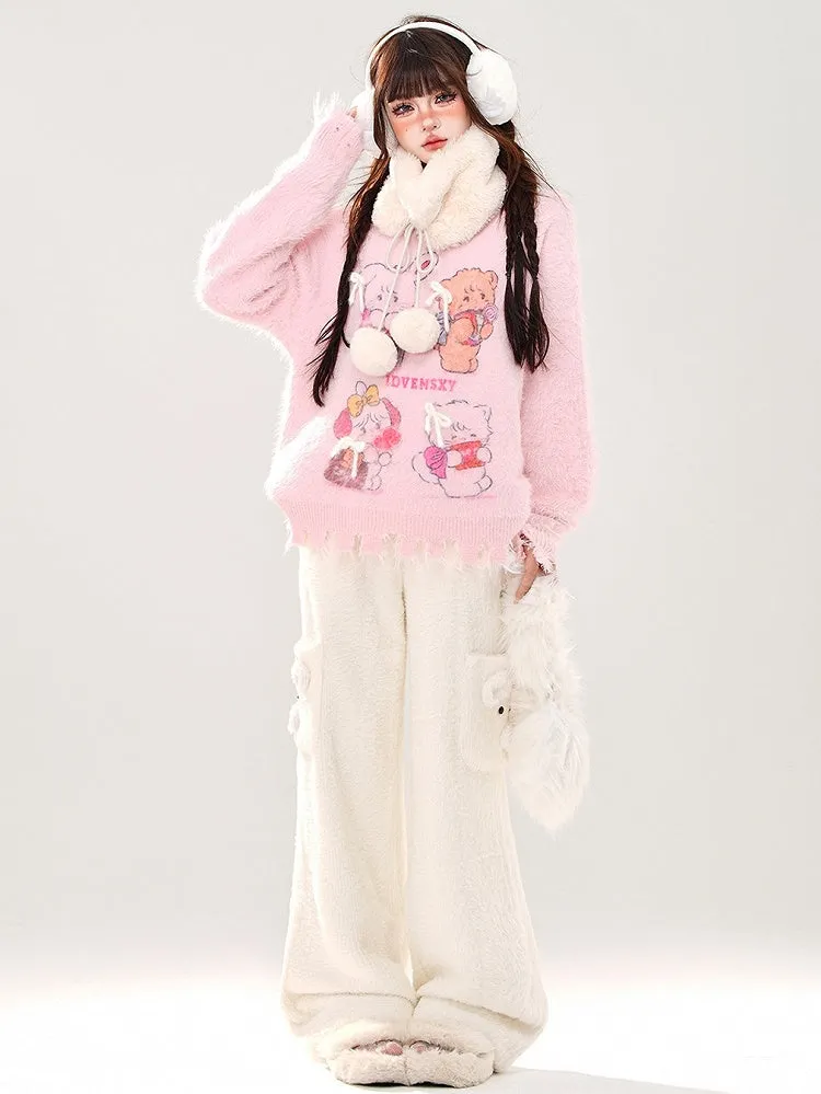 Milk White Cute Bear Pockets Fleece Lined Wide-leg Cut Soft Pants