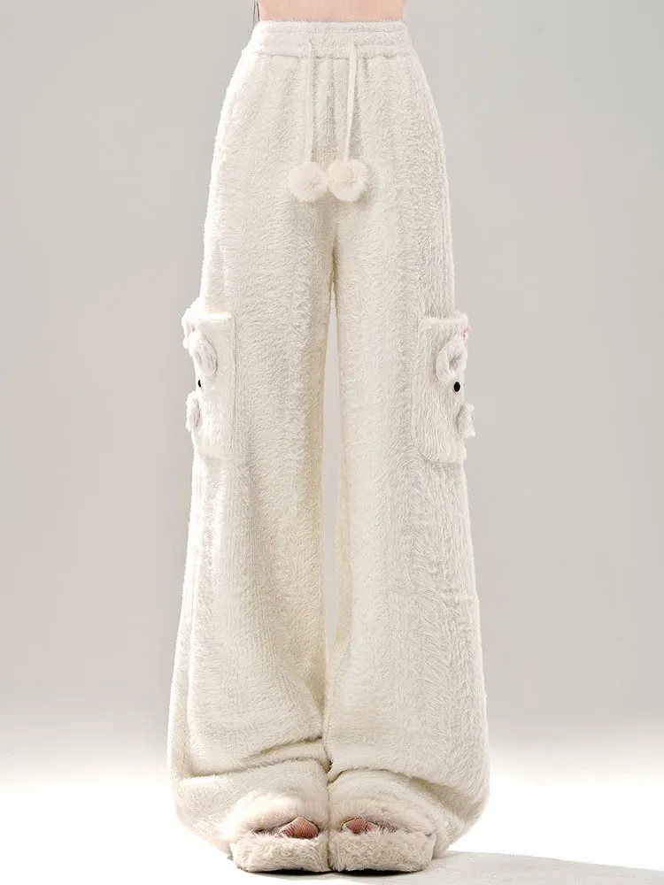 Milk White Cute Bear Pockets Fleece Lined Wide-leg Cut Soft Pants