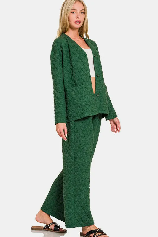 Quilted Button Up Long Sleeve Top and Pants Lounge Set in Dark Green
