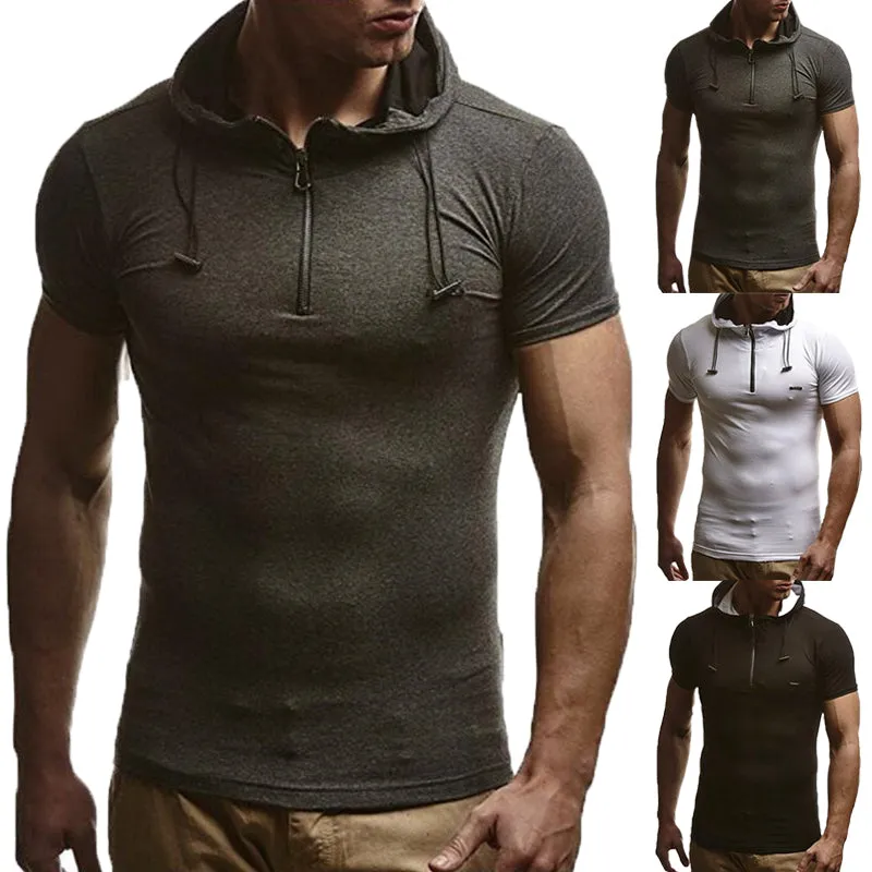 Summer Men Muscle Tee T Shirts Short Sleeve Hoody Hoodie Cotton Zipper Slim Fitness Hooded HipHop Masculina 3XL Joggers Gyms