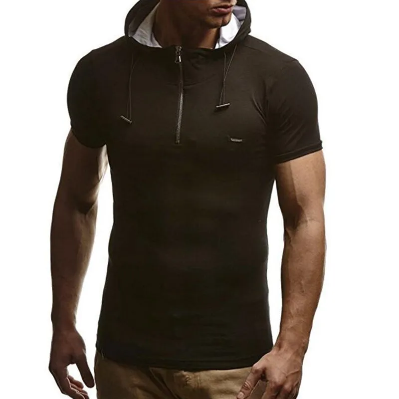 Summer Men Muscle Tee T Shirts Short Sleeve Hoody Hoodie Cotton Zipper Slim Fitness Hooded HipHop Masculina 3XL Joggers Gyms