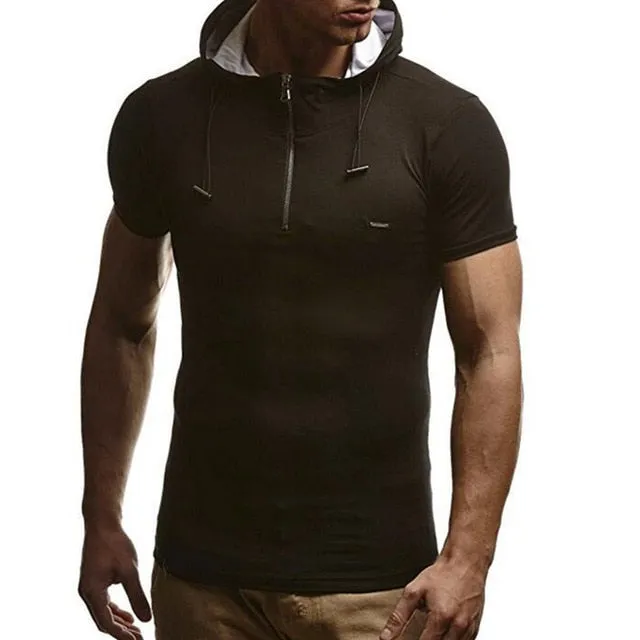 Summer Men Muscle Tee T Shirts Short Sleeve Hoody Hoodie Cotton Zipper Slim Fitness Hooded HipHop Masculina 3XL Joggers Gyms
