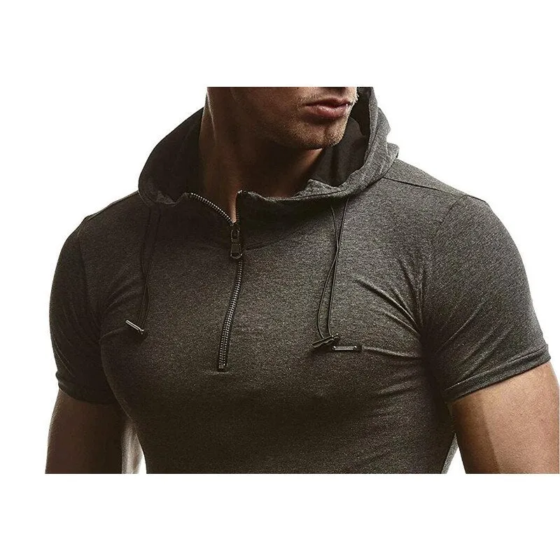 Summer Men Muscle Tee T Shirts Short Sleeve Hoody Hoodie Cotton Zipper Slim Fitness Hooded HipHop Masculina 3XL Joggers Gyms