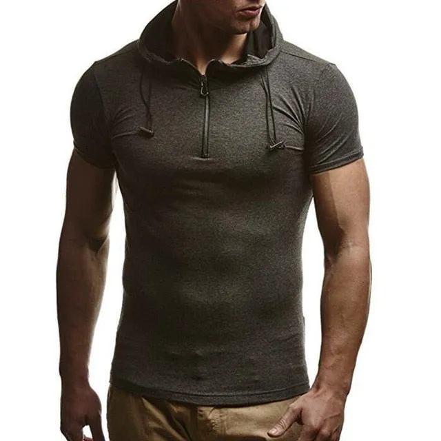 Summer Men Muscle Tee T Shirts Short Sleeve Hoody Hoodie Cotton Zipper Slim Fitness Hooded HipHop Masculina 3XL Joggers Gyms