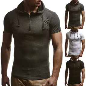 Summer Men's Hoodie T Shirts Muscle Tee Short Sleeve Zipper Cotton Slim Fitness Tshirt Bodybuilding Hooded Male Tops HipHop 3XL