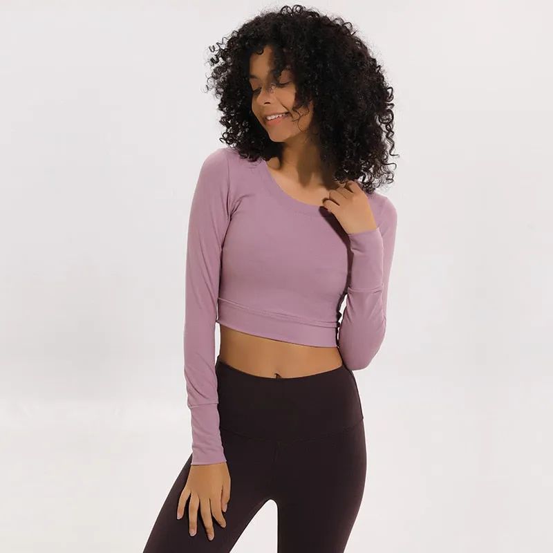 Women Gym Yoga Crop Tops Tights Shirts Long Sleeve Workout Tops Fitness Running Sport T-Shirts Training Yoga Sportswear Sexy