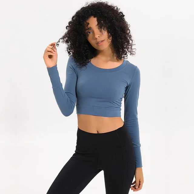 Women Gym Yoga Crop Tops Tights Shirts Long Sleeve Workout Tops Fitness Running Sport T-Shirts Training Yoga Sportswear Sexy