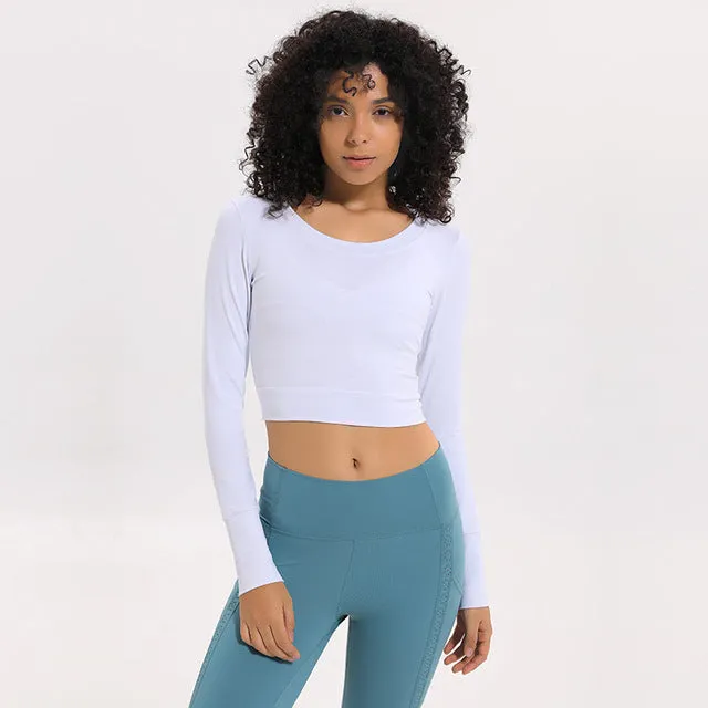 Women Gym Yoga Crop Tops Tights Shirts Long Sleeve Workout Tops Fitness Running Sport T-Shirts Training Yoga Sportswear Sexy