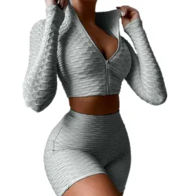 Women's Sports Gym Clothing Sexy Fitness Outer Shirts Shirt Workout Zip Up Long Sleeve Fitted Crop Top Casual Jacquard Yoga Tops S4415075
